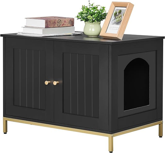 Homhedy Cat Litter Box Enclosure, Cat Washroom Furniture with Metal Frame, Pet House, Fit Most of Litter Box, Modern Style, Black and Gold