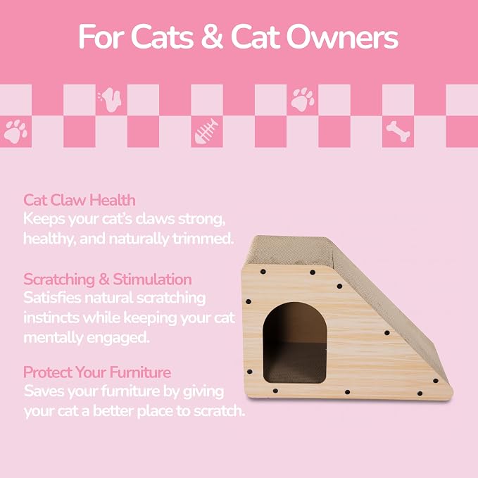 Kento 23.63" Modern Cardboard Cat Cave Scratcher with Catnip, Angled Trapezoid Hideaway House and Scratching Lounge for Indoor Cats, Oak Wood Finish CSR1008I