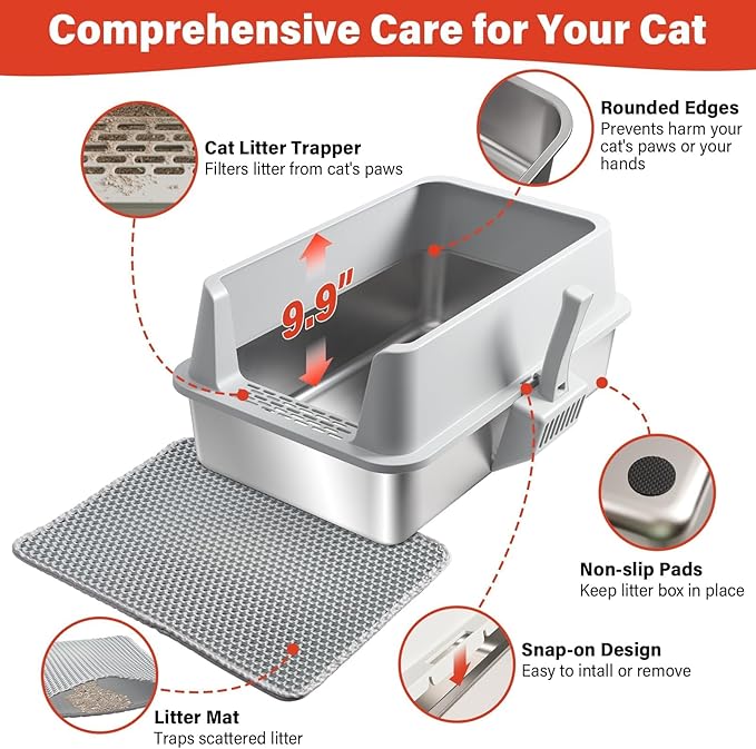 2PACK Stainless Steel Litter Box, Metal Litter Box with High Sides Lid, XL Large Cat Litter Boxes for Big Cats, Never Absorbs Odors, Anti-Urine Leakage, Easy Cleaning, Non-Stick, Include Scoop and Mat
