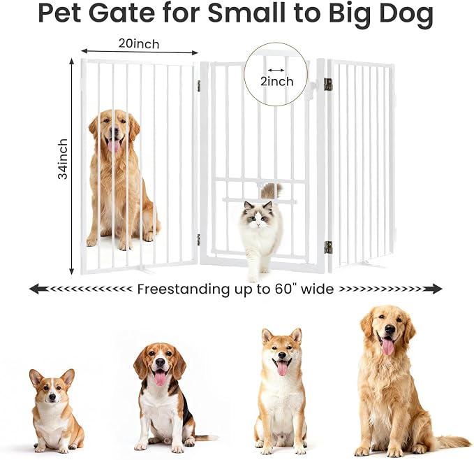 Full Metal Freestanding Dog Gate with Cat Door for Outdoor & Indoor,34" Tall Foldable Pet Fence,60" Extra Wide Free Standing Dog Gate for RV Camping,Stairs,Hallways,Doorways,Deck,Yard (3 Panels,White)