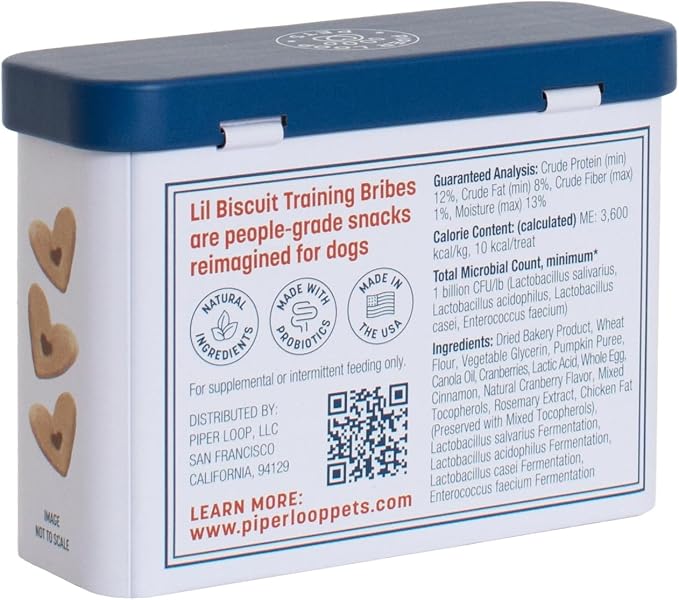 Piper Loop | Lil Biscuit Training Bribes | Pocket-Size Refillable Tin | Chewy | ~20 Treats | Pumpkin & Cranberry with Probiotics | 2 oz