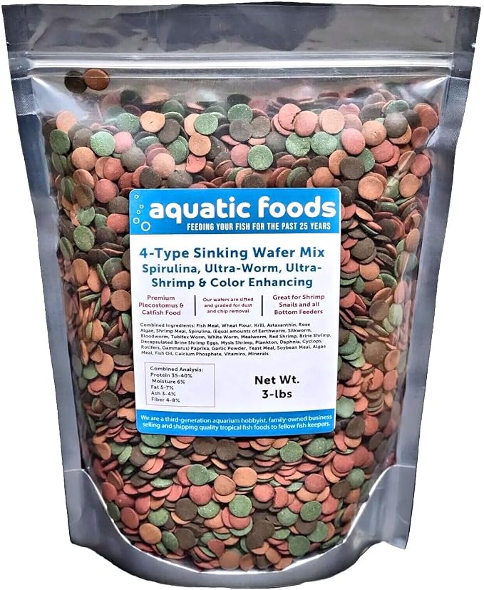 4-Type Mix of 12mm-1/2" Sinking Wafers: Spirulina-Algae & Color Enhancing for Shrimp, Snails, All Tropical Fish - 3-lb Bag