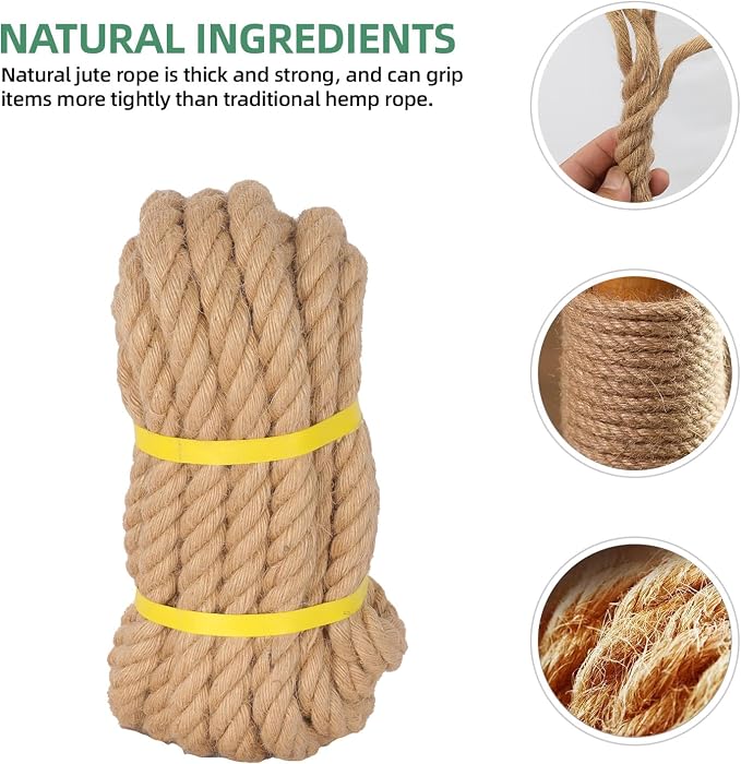 Jute Rope 3/4 in×25 ft Natural Material Heavy Duty Jute Rope Twisted for Indoor Outdoor Crafts, Nautical, Tug of War, Railing, Hammock, Swing, Gardening