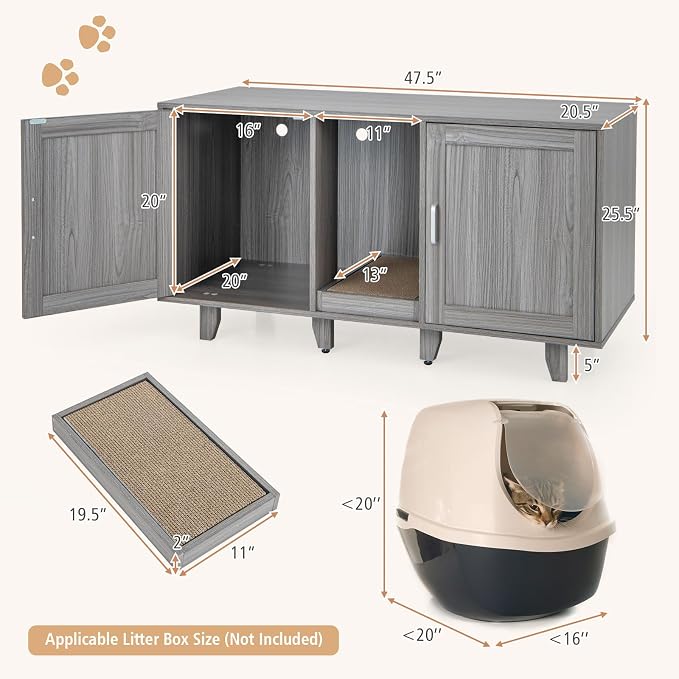 Tangkula Patented Double Cat Litter Box Enclosure for 2 Cats, Large Stackable Hidden Privacy Cat Washroom Cabinet with Scratching Board, Indoor Cat House TV Stand, Litter Box Furniture (Grey Oak)