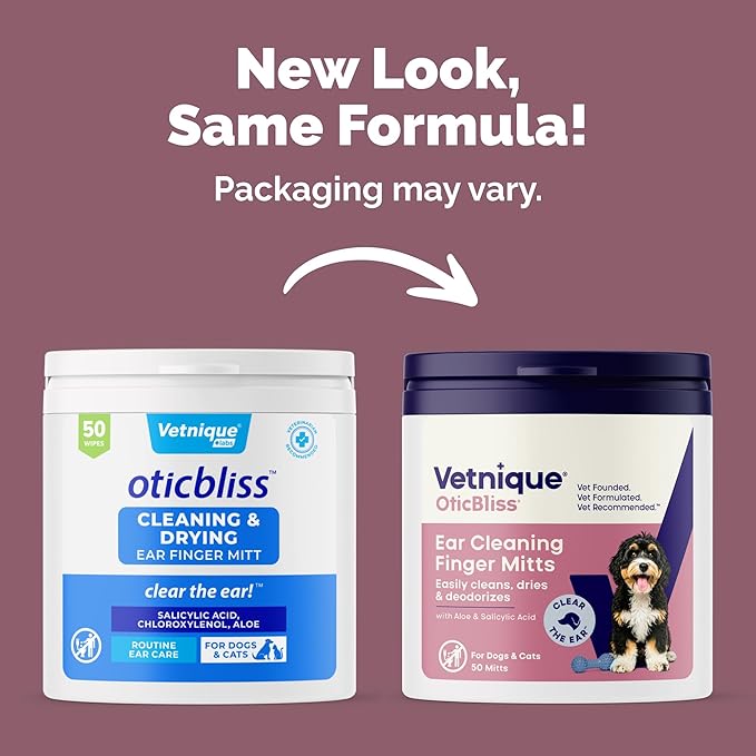 Vetnique Oticbliss Dog Ear Wipes, Cat & Dog Finger Mitt Ear Cleaner, Cleaning & Deodorizing Wipes for Dogs, Cats & Puppies, Remove Ear Wax, Dirt & Odor, Aloe for Itchy Ears (Fingermitt Wipes)