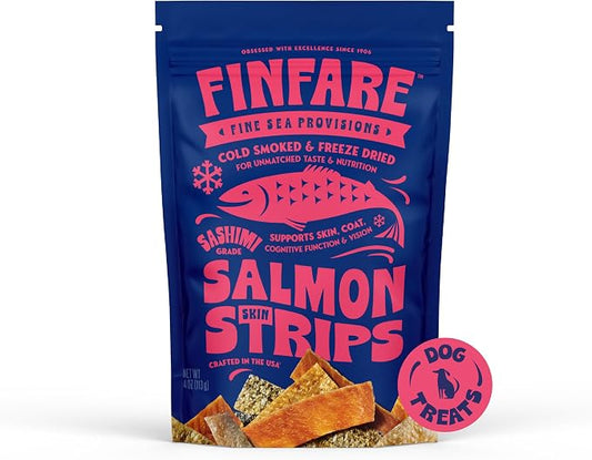 Finfare Freeze Dried Salmon Skin Treats for Dogs, Protein & Omega-3s, Grain Free Salmon Dog Training Treats, Crafted in USA, Strips - 4oz