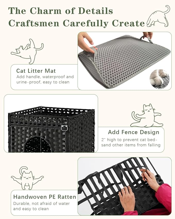 SETVSON Cat Litter Box Enclosure Furniture, Hidden Litter Box with Mat and Fence, Handwoven Rattan Cat House with Two S-Shaped Hooks for Living Room, Bedroom, 18.5 x 20.5 x 19.1 Inches (Black)