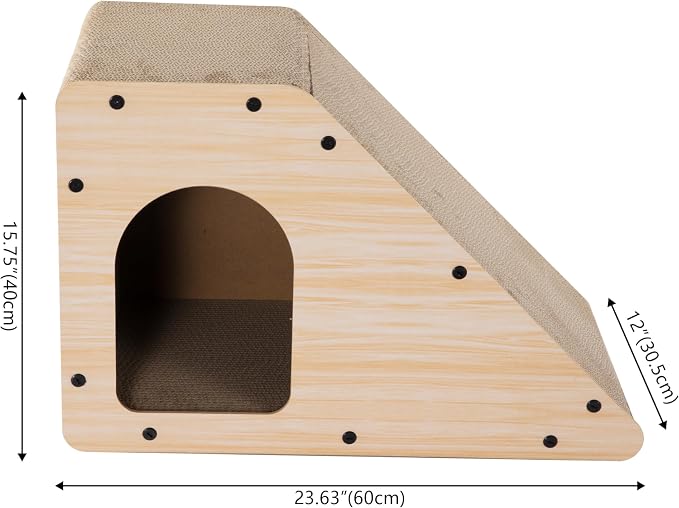 Kento 23.63" Modern Cardboard Cat Cave Scratcher with Catnip, Angled Trapezoid Hideaway House and Scratching Lounge for Indoor Cats, Oak Wood Finish CSR1008I