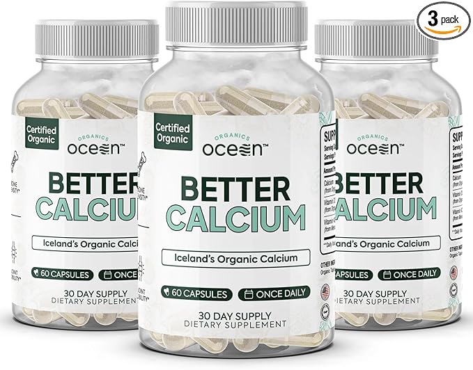 Organics Ocean Better Calcium - Organic Red Algae Calcium with Vitamin D3 and K2 Supplements - Supports Bone Structure, Joint Comfort & Encourages Healthy Aging - Plant-Based, Non-GMO - 3 Pack
