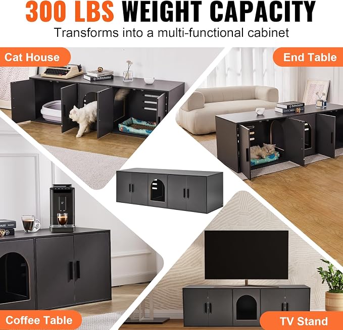 VEVOR Cat Litter Box Enclosure for 2 Cats, Litter Box Furniture Hidden with Double Rooms, Wooden Cat Box Cabinet Fit Most of Litter Box