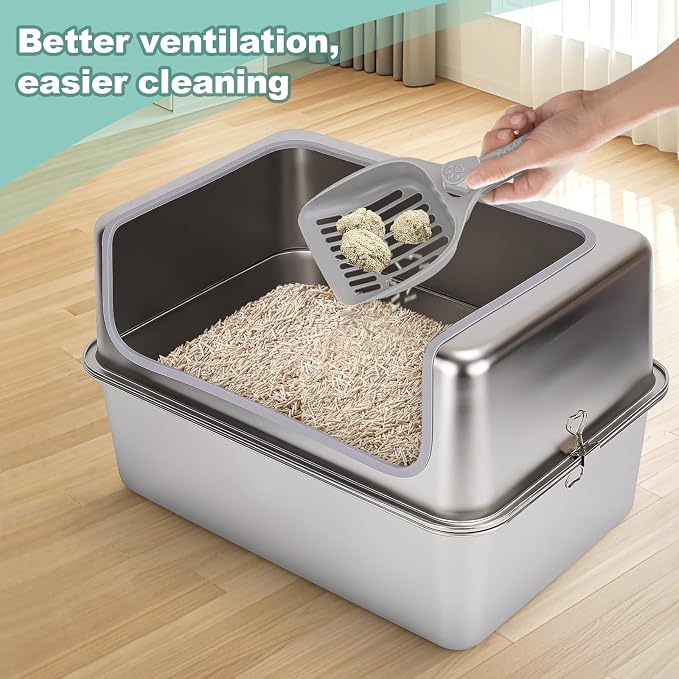 Stainless Steel XL Cat Litter Boxes with Metal Lid,20x14x12'' Extra Large Kitty Litter Pan with High Wall Enclosure-Odor Free&Easy to Clean