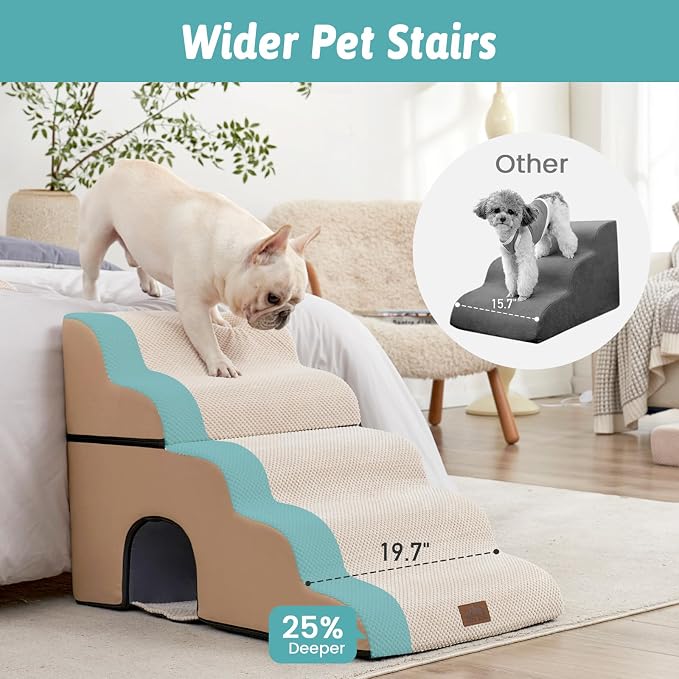 COZY KISS Extra Wide Dog Stairs with Tunnel, Foam Detachable Large Dog Step for Small Pet, Puppy or Cats, Medium Pet Ramp for High Bed, Couch, Sofa or Car, 19.7x33x22.4 inch, 5 Step, Beige