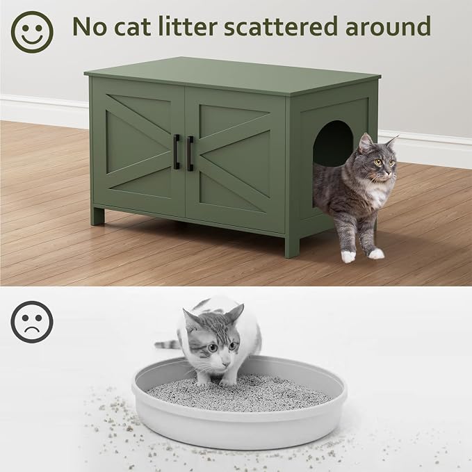 Homhedy Cat Litter Box Enclosure,Litter Box Furniture Hidden with Barn Door,Wooden Cat Washroom Furniture, Fit Most of Litter Box, Green
