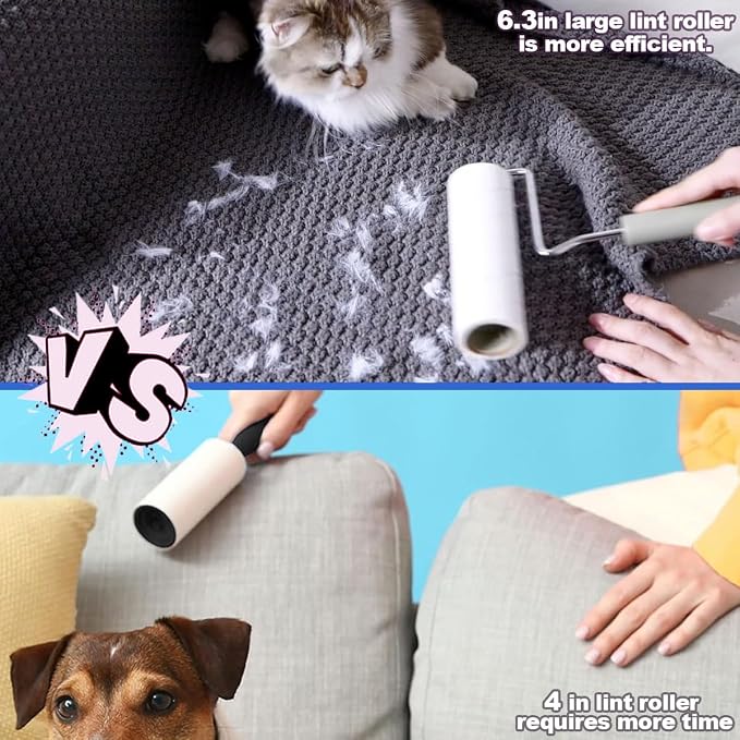 Extra Sticky Large Surface Lint Roller,6.3'' Giant Lint Roller for Pet Hair,5 Rolls 450 Sheets,Long Handle Lint Remover,Easily Remove Carpets, Clothes, Couch and Curtains Dust Cat and Dog Hair Removal