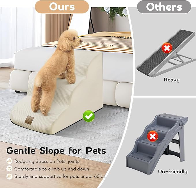 Mestuel Dog Stairs for Small Dogs, Pet Stairs Steps for Couch Sofa Bed, 3-Tiers Dog Stairs Ramp Ladder to Sofa Bed, Pet Stairs Steps for Old Injured Dogs Cats, Non Slip Bottom, Beige