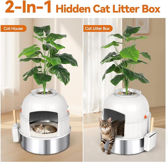 Hidden Cat Litter Box Enclosure with Artificial Plant, Stainless Steel Litter Box Furniture, Decorative Round Planter Includes Scoop, Pebbles, Carbon Filter, Easy to Clean (Beige)