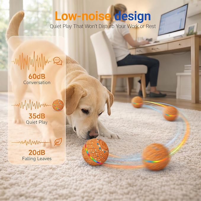 Interactive Dog Ball Toy for Small Medium Dogs – Automatic Rolling, Bouncing & Moving Dog Toy with LED Lights, 2-in-1 Fetch Toy, Durable E-TPU, USB Rechargeable (2.8” Orange)