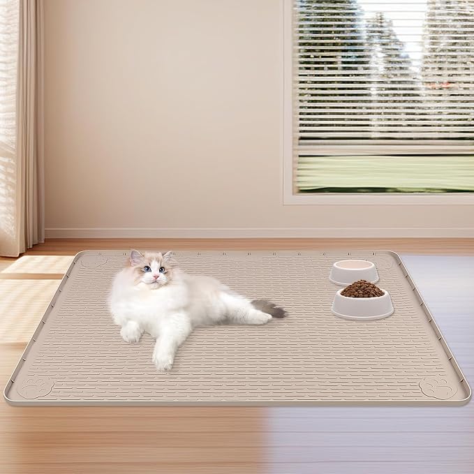 Dog Food Mat, Extra Large 40" x 40" Silicone Pet Feeding Mat with Raised Edge Pet Placemat for Small, Medium, and Large Pets Non-Slip, Easy to Clean (Khaki)