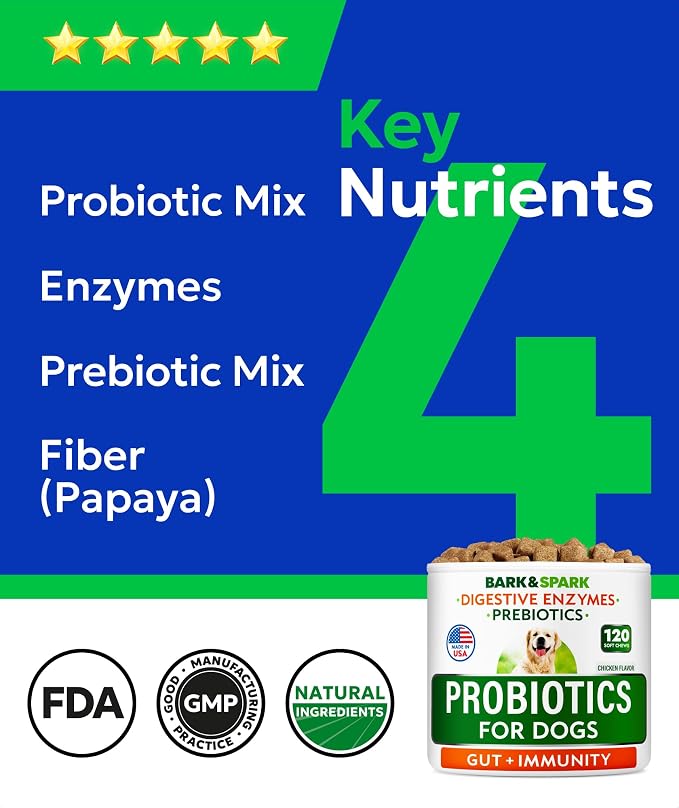 BARK&SPARK Dog Probiotics 180 Chews for Digestive Health w/Enzymes & Fiber - Diarrhea Gas Treatment Upset Stomach Relief - Allergy & Itchy Skin - Pet Probiotics for Dogs