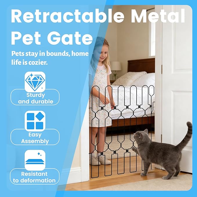 Retractable Dog Gate for Front Door, Bite-Proof Metal Pet Dog Barrier, Foldable Space-Saving Wall-Mounted for Front Door & Rv, Easy Install Dog Gate, Indoor/Outdoor (W: 35.5in H: 31in)