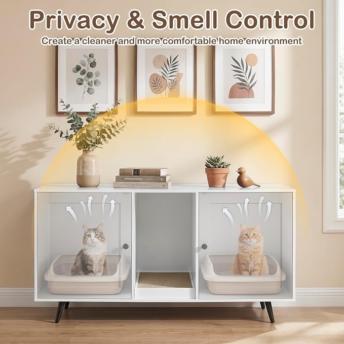 Tangkula Double Cat Litter Box Enclosure, Large Hidden Wooden Cat Cabinet for 2 Cats with Scratching Pad, Double Rooms, Versatile TV Stand Side Table for Indoor Living Room (White)