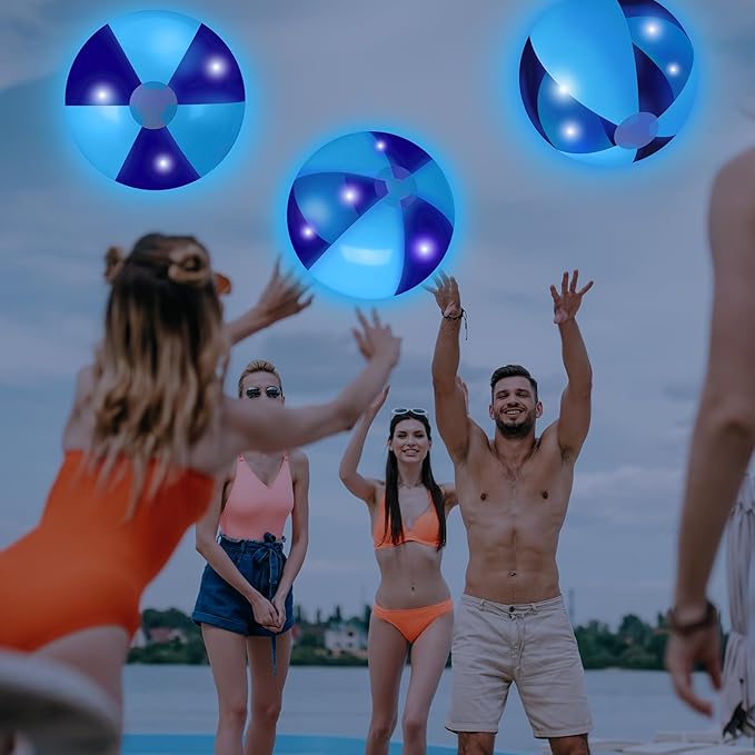 MiniInflat 12 Pcs Light up Beach Balls 16'' Jumbo Pool LED Balls Glow in the Dark Neon Giant Inflatable for Summer Hawaiian Tropical Theme Beach Party Decor Water Accessory (Blue)