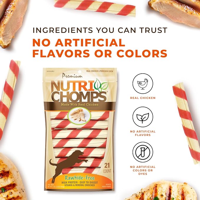 NutriChomps Dog Chews, 6-inch Twists, Easy to Digest, Rawhide-Free Dog Treats, 21 Count, Real Chicken flavor
