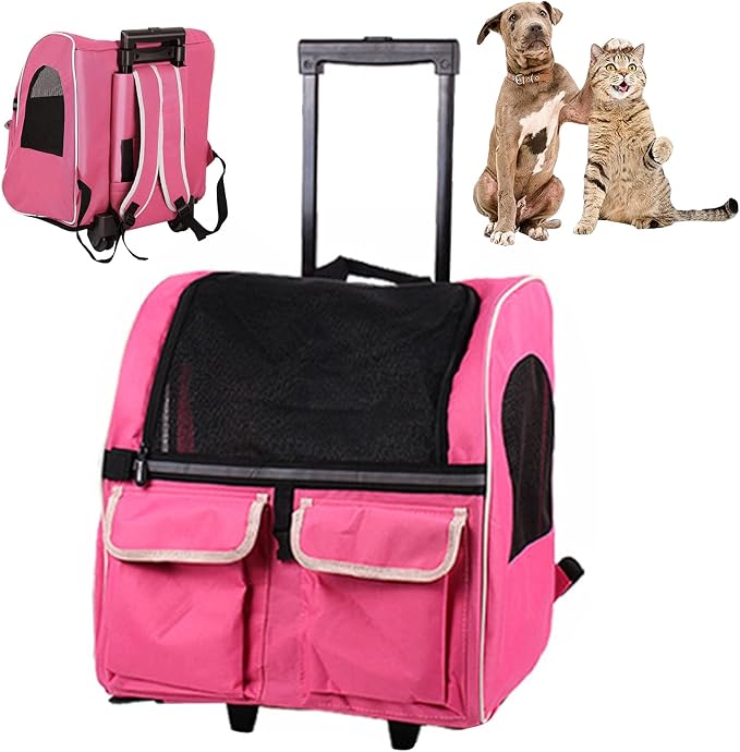 Pet Rolling Carrier Backpack with Wheels, Portable Cat Dog Travel Trolley Bag Carrier Case Luggage Box Backpack for Outdoor Indoor Use for Small Dogs/Cats