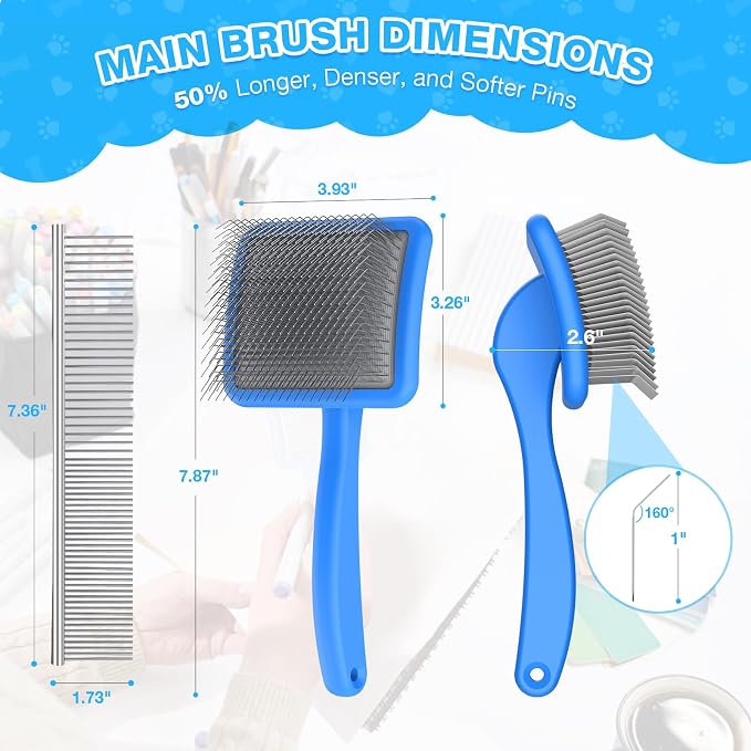 Large Dog Slicker Brush for Goldendoodles, Poodles - 3 in 1 Grooming Kit with Undercoat Rake, Comb - Extra Long Pins for Dematting Great Pyrenees, Thick Coats, Shedding, Detangling, Blue