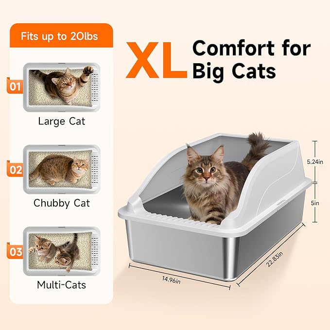 Stainless Steel Cat Litter Box, Extra Large XL Odor Free Metal Litter Box with High Sides Lid, Open Top Litter Pan Include Scoop Easy Cleaning Kitty Cat Box Anti-Urine Leakage, Non-Sticky