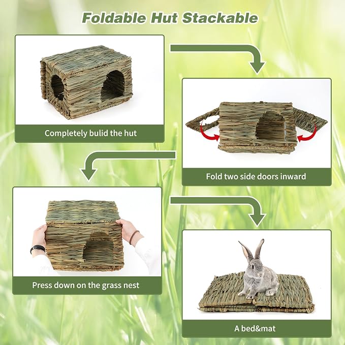 BWOGUE 2 Pack Grass Bunny House Natural Hand Woven Seagrass Hideaway Toy Hay Mat Chew Hut for Bunny Hamster Chinchilla Guinea Pigs Small Animals