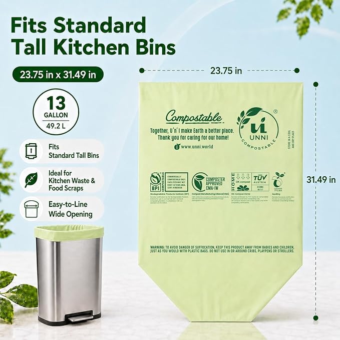 UNNI Compostable Trash Bags, 13 Gallon / 49.2 Liter, 200 Count Value Pack, Extra Thick 0.9 Mil Tall Kitchen Food Scrap Bin Liners, Certified by BPI, CMA & OK compost HOME, Meets ASTM D6400 Standard