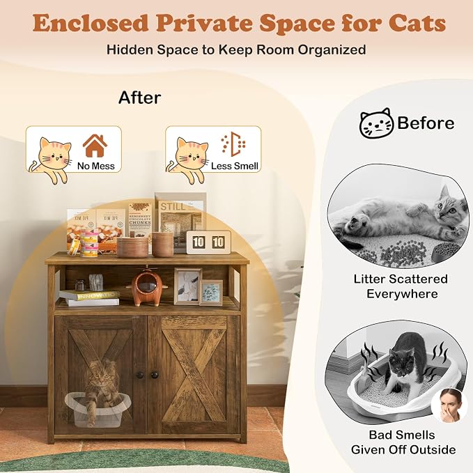 PETSITE Cat Litter Box Enclosure, Farmhouse Litterbox Enclosure Furniture with Double Doors and Open Shelf, Wooden Cat Hidden Litter Box Buffet Cabinet, Retro Style Litter Box Cabinet