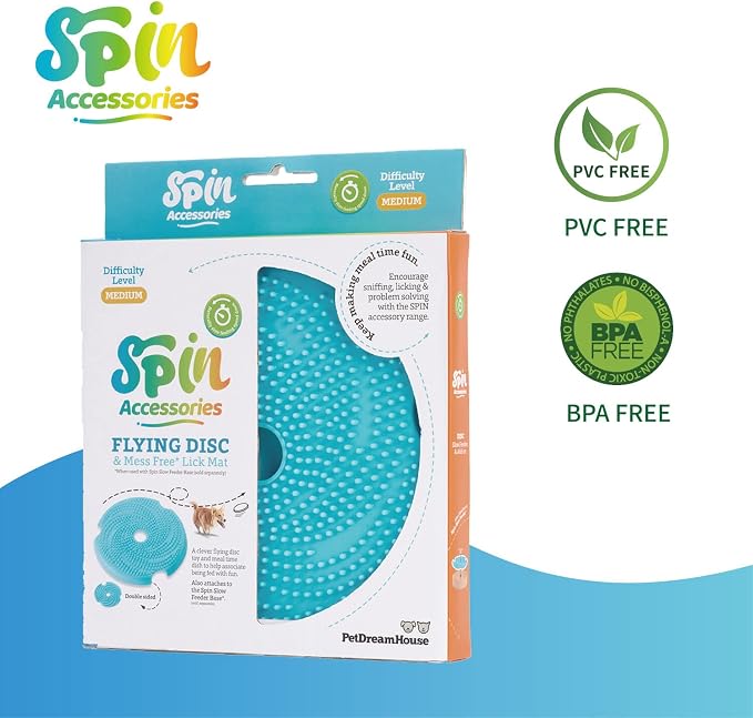 PetDreamHouse Spin Disc Dual Texture Dog Lick Mat, Slow Feeder & Frisbee Dog Toy, Use Standalone or with Spin Bowl Base, for All Dogs, Blue