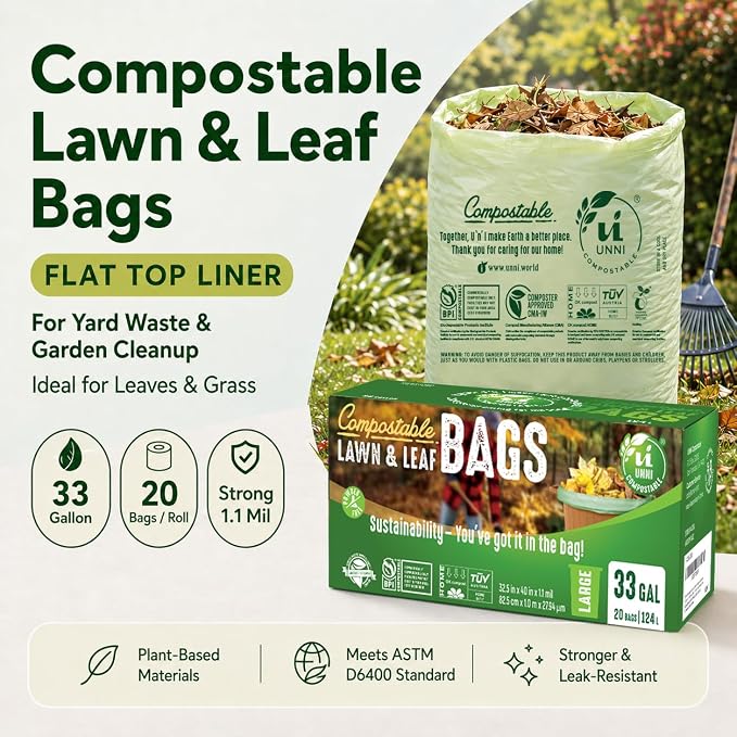 UNNI Compostable Lawn & Leaf Bags, 30-33 Gallon / 124 Liter, 20 Count, Extra Thick 1.1 mil Yard Waste & Food Scrap Liners, Certified by BPI, CMA & OK compost HOME, Meets the ASTM D6400 Standard