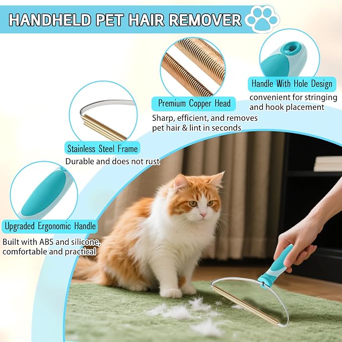 Pet Hair Remover for Carpet, Carpet Rake for Pet Hair Removal with 54" Adjustable Handle, Reusable Dog Hair Remover Broom with Copper Teeth & TPU Brush for Rugs, Couch, Mats and Pet Beds
