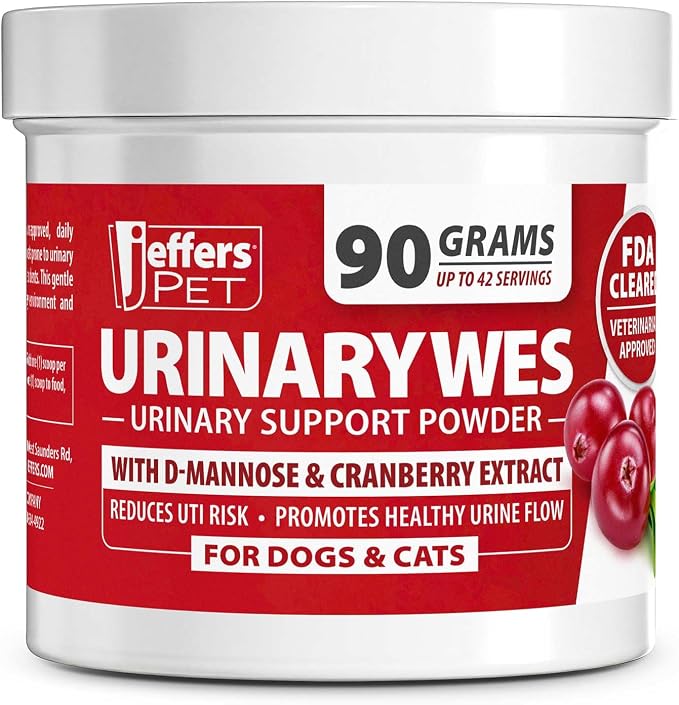 Jeffers Pet UrinaryWes Urinary Support Powder for Dogs & Cats, D-Mannose & Cranberry Supplement for Urinary Tract & Bladder Health, Kidney Support, UTI Prevention, Chicken Flavor Food Topper – 90 g