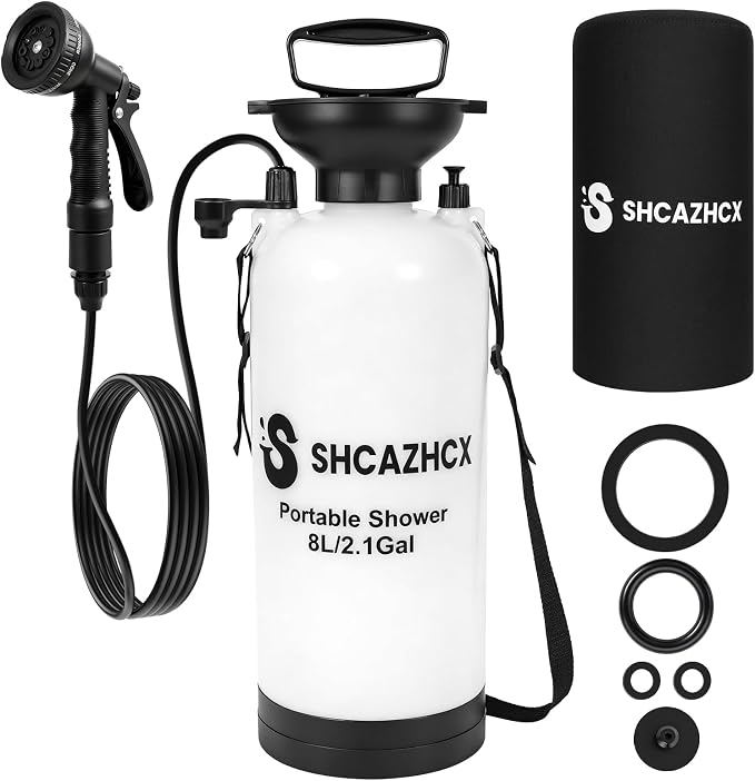 Portable Shower, Portable Water Sprayer for Camping, Beach, Surfing, Hiking & Travel | 2.1 Gallon (8L) Camping Shower with 10 Spray Modes, Nylon Insulated Cover, White