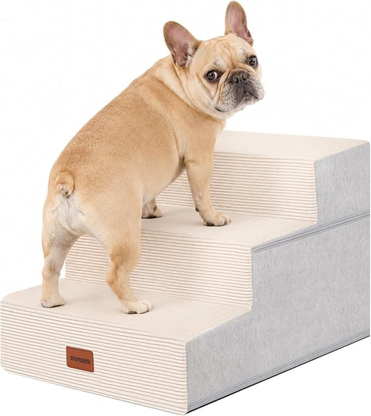Dog Stairs for Small Dogs, 13.5" H, 3-Step Pet Steps for Bed Couch Sofa and Chair, Non-Slip Balanced Pet Ramp for Injured & Senior Pets with Washable Cover and Durable High Density Foam,Beige