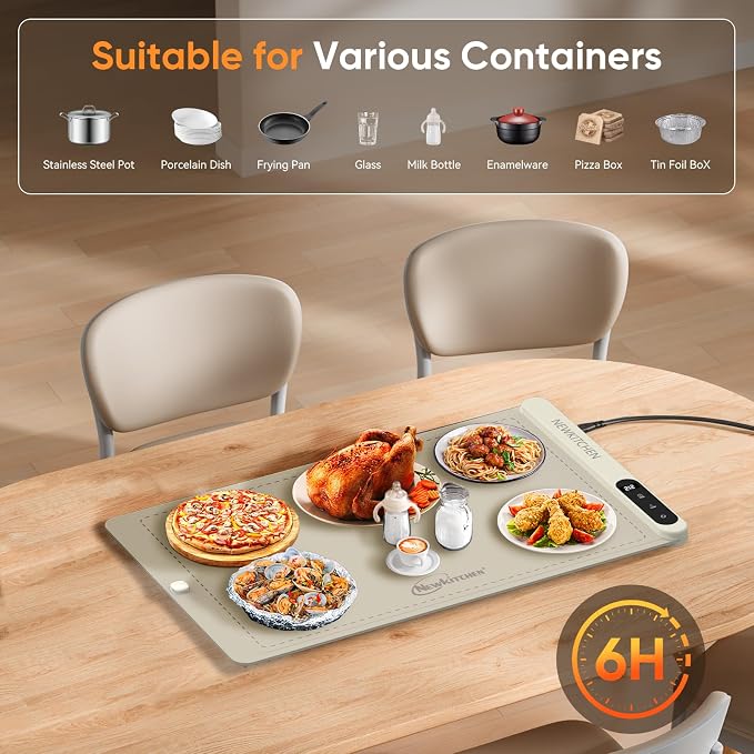 NEWKITCHEN Warming Mat for Food, (XL 24"x15") Food Warming Mat for Countertop 6 Temp 6 Hour Settings Upgrade Graphene Fast Full Surface Heating -Versatile Food Warmer for Gatherings, Parties