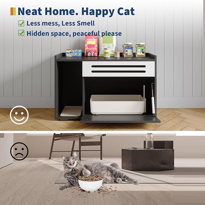 GarveeLife Cat Litter Box Enclosure Furniture Hidden Litter Box Cabinet Indoor Cat Washroom Pet House Dog Proof Hideaway Kitty Flip-down Opening Litter Box Enclosure - Black