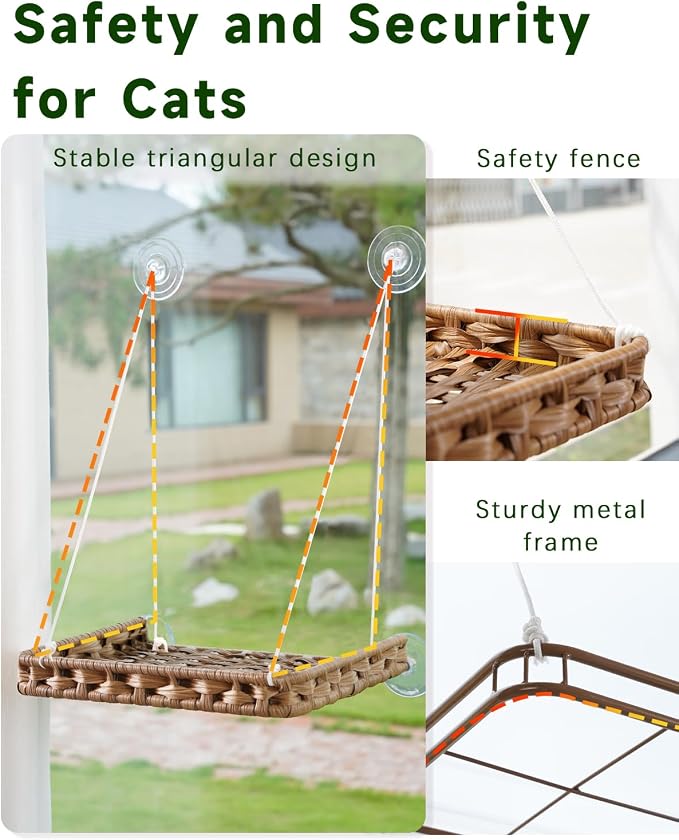 SETVSON Cat Window Perch 2-in-1 Cat Window Hammock Bed & Wall Shelves, Large Handwoven PE Rattan Kitty Seat, 4 Suction Cups,Double Sided Washable Cushion Bed, 2.3 Inch Fence Shelf, Pet Kittens Natural