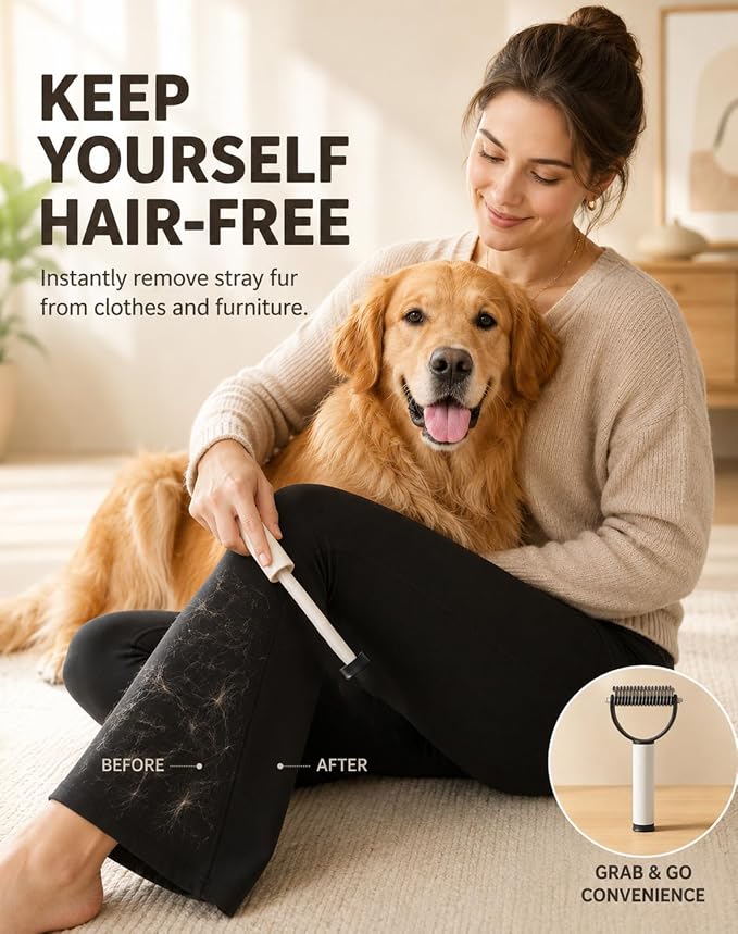2 in 1 Pet Dematting Comb & Integrated Lint Roller, Stainless Steel Undercoat Rake for Dogs & Cats, Painless Tangle & Mat Remover, Extra Wide Grooming Tool for Long-Haired Breeds (Black)