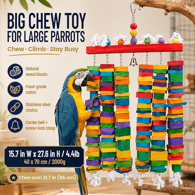 2 Pack Large Bird Toy 20 in +27.5 in Parrot Toys Natural Wood Blocks Bird Chew Toy for Foraging, Stainless Steel Chain Hanging Cage Toy for Macaws, Cockatoos, African Greys and Lar