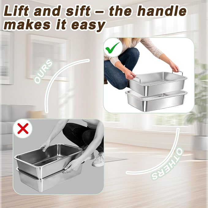 Stainless Steel Sifting Cat Litter Box for Clumping Clay Litter,Large Metal Litter Box with Litter Bag,Sifting Tray and Handle for Easy Lifting, Odor Control (23.6"x15.7"x5.9")