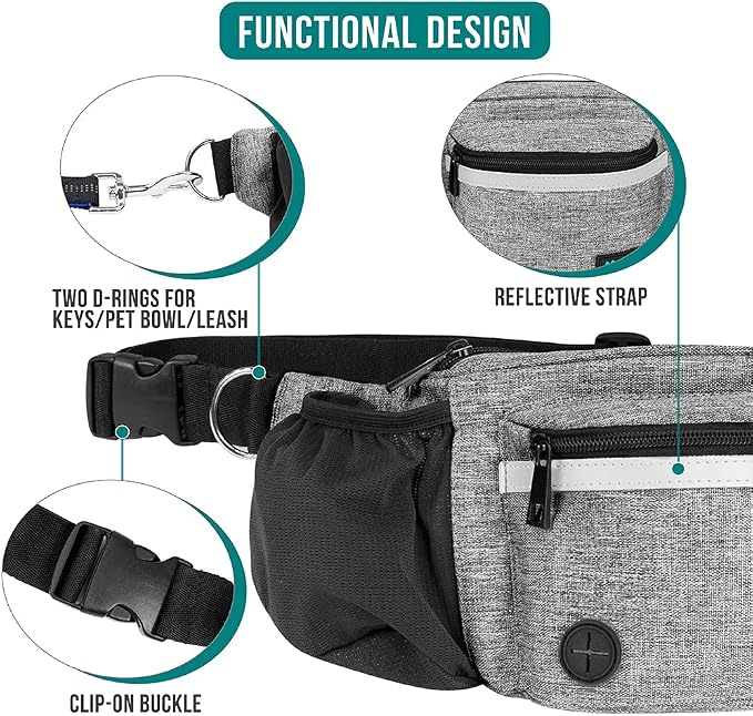 PetAmi Dog Fanny Pack, Treat Pouch for Dog Walking, Training, Built in Poop Bag Dispenser, Water Bottle Holder, Collapsible Bowl, Pet Treat Waist Belt for Hiking, Running, Kibbles (Grey)
