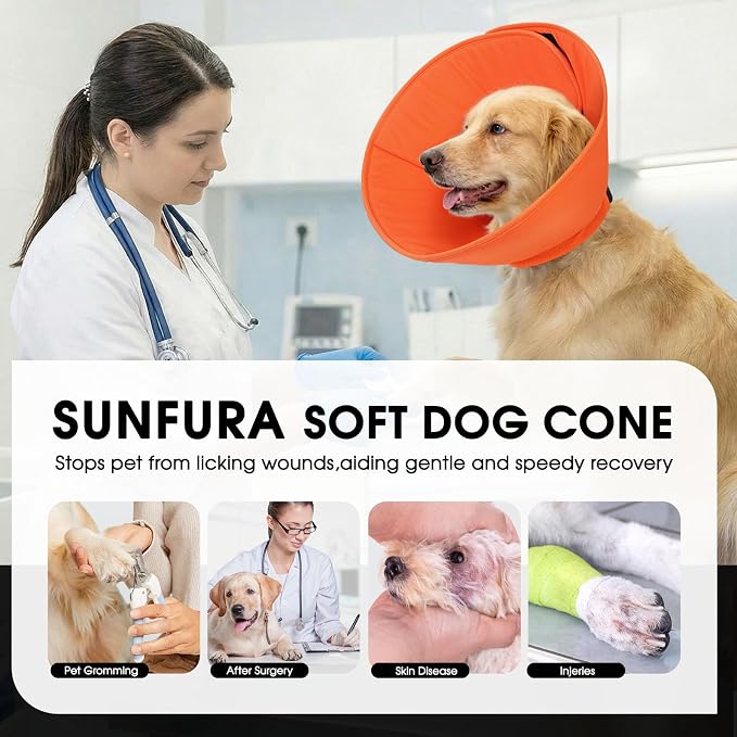 Soft Dog Cone for Medium Dogs, Adjustale Cone for Dogs to Stop Licking, Comfy Dog Recovery E-Collar Alternative for Wound Healing After Surgery, Orange M