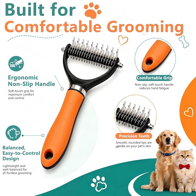Dog Brush and Cat Deshedding Rake, Pet Grooming Tool for Shedding with Rounded Stainless Steel Teeth, Comfortable Grip for Long or Thick Coats (Green)