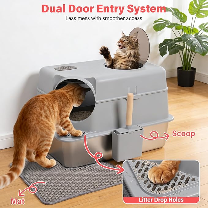 Stainless Steel Litter Box with Lid, XL Extra Large Cat Litter Box for Big Cats, Front & Top Entry Metal Cat Box with Scoop and Mat, Odor-Free, Anti-Urine Leakage, Non-Sticky, Easy Cleaning