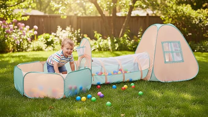 UTEX 3 in 1 Pop Up Play Tent with Tunnel, Ball Pit for Kids, Boys, Girls, Babies and Toddlers, Indoor/Outdoor Playhouse